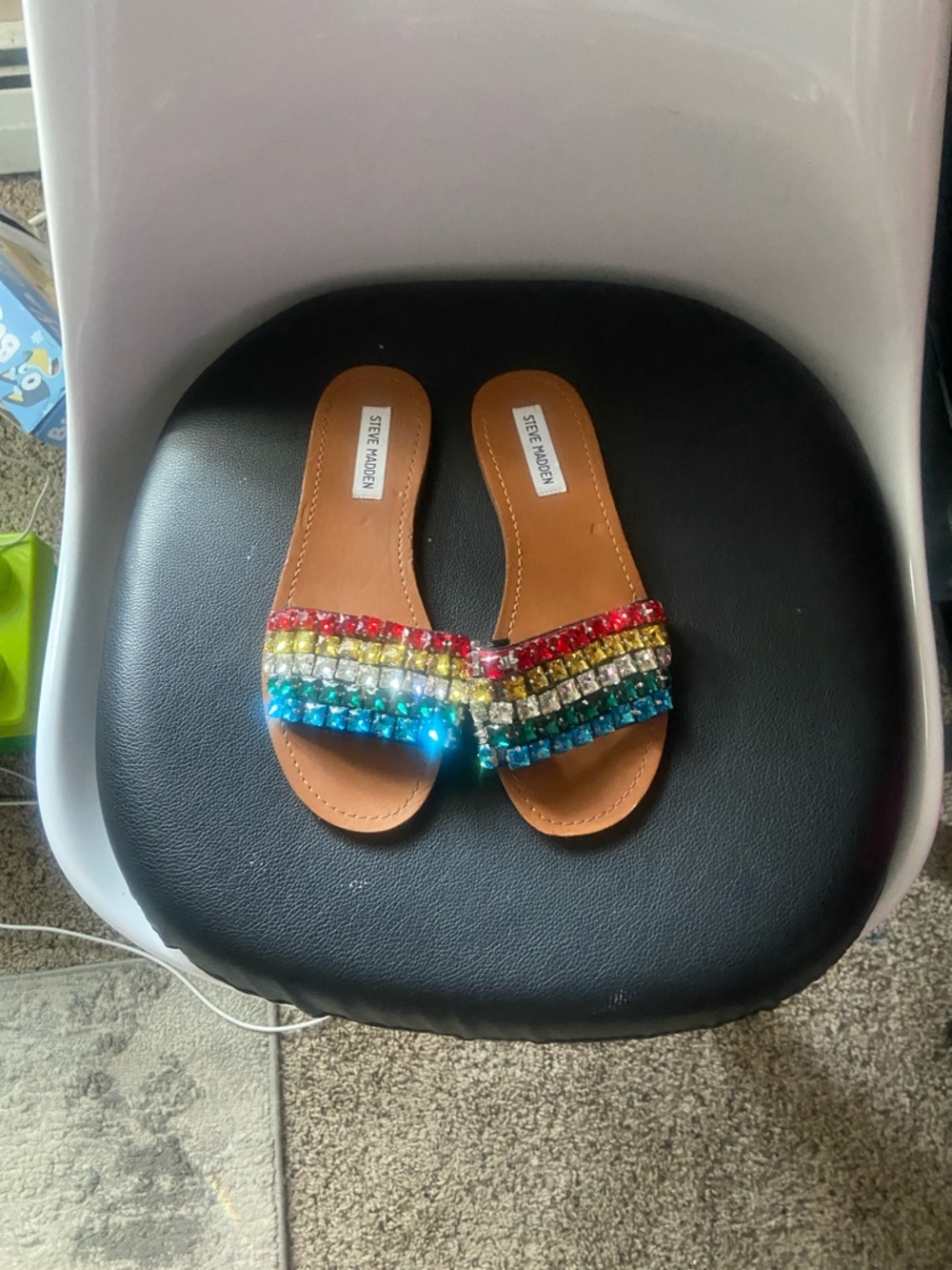 Steve Madden Tan Slides with Red, Yellow, Green, Blue and Clear Gems